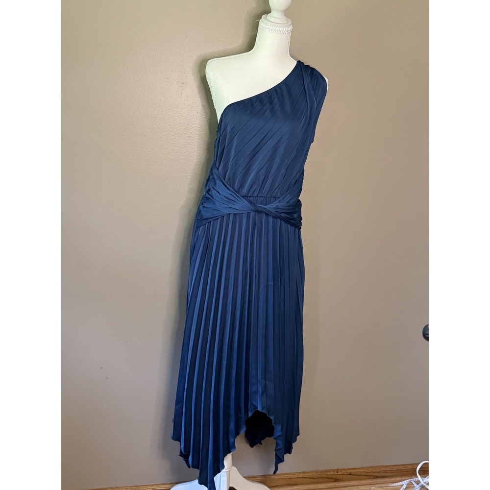 Pretty Garden Blue One Shoulder Pleated Satin Maxi Dress Size L 7129
